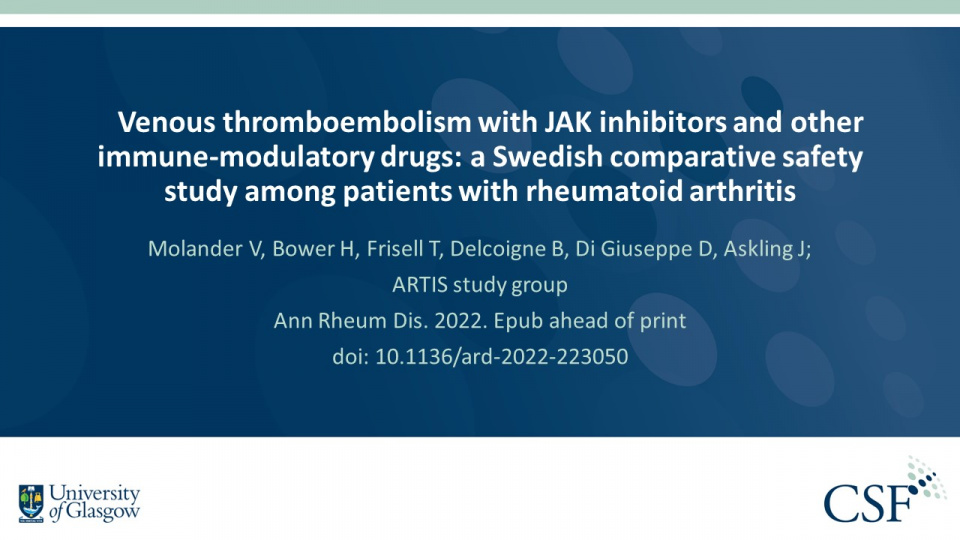 Publication thumbnail: Venous Thromboembolism with JAK Inhibitors and Other Immune-Modulatory Drugs: a Swedish Comparative Safety Study Among Patients with Rheumatoid Arthritis