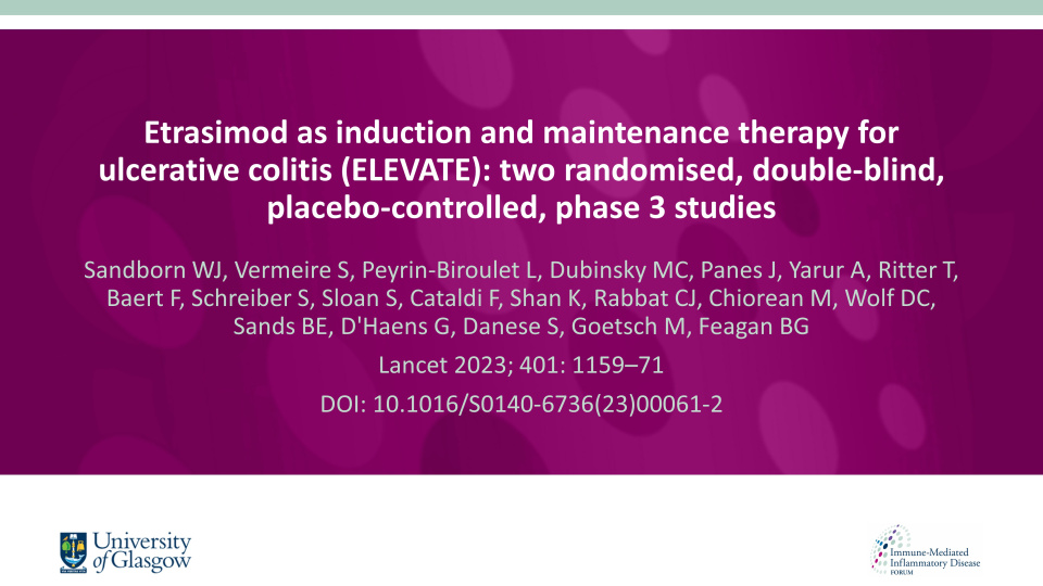 Publication thumbnail: Etrasimod as induction and maintenance therapy for ulcerative colitis (ELEVATE): two randomised, double-blind, placebo-controlled, phase 3 studies