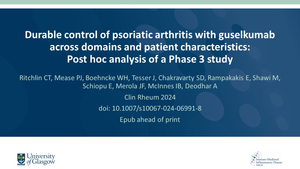 Publication thumbnail: Durable Control of Psoriatic Arthritis with Guselkumab Across Domains and Patient Characteristics: Post Hoc Analysis of a Phase 3 study