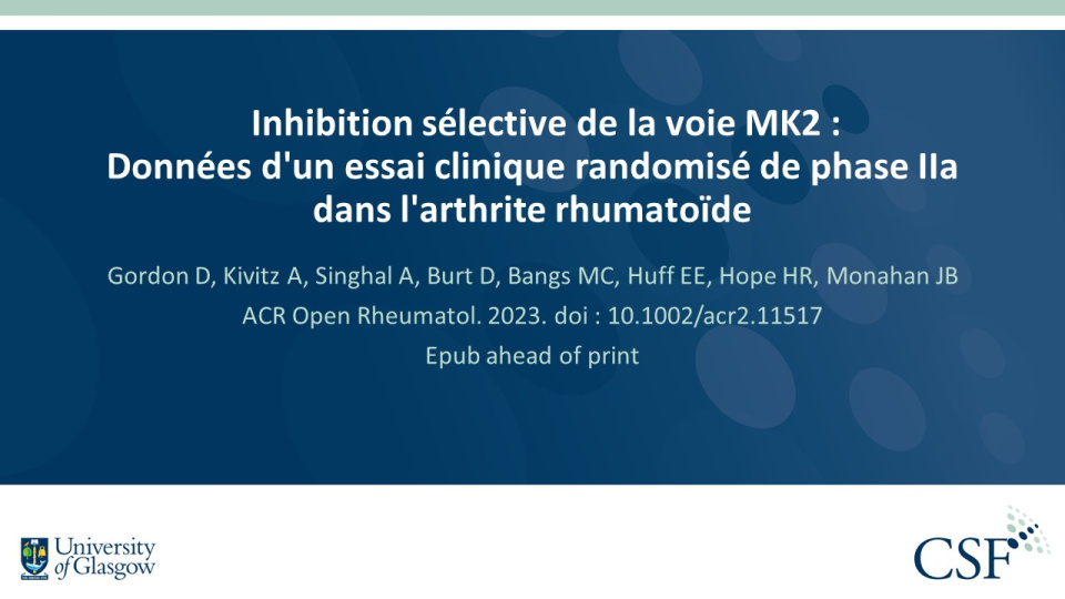 Publication thumbnail: Inhibition sélective de la voie MK2 : Données d'un essai clinique randomisé de phase IIa dans l'arthrite rhumatoïde