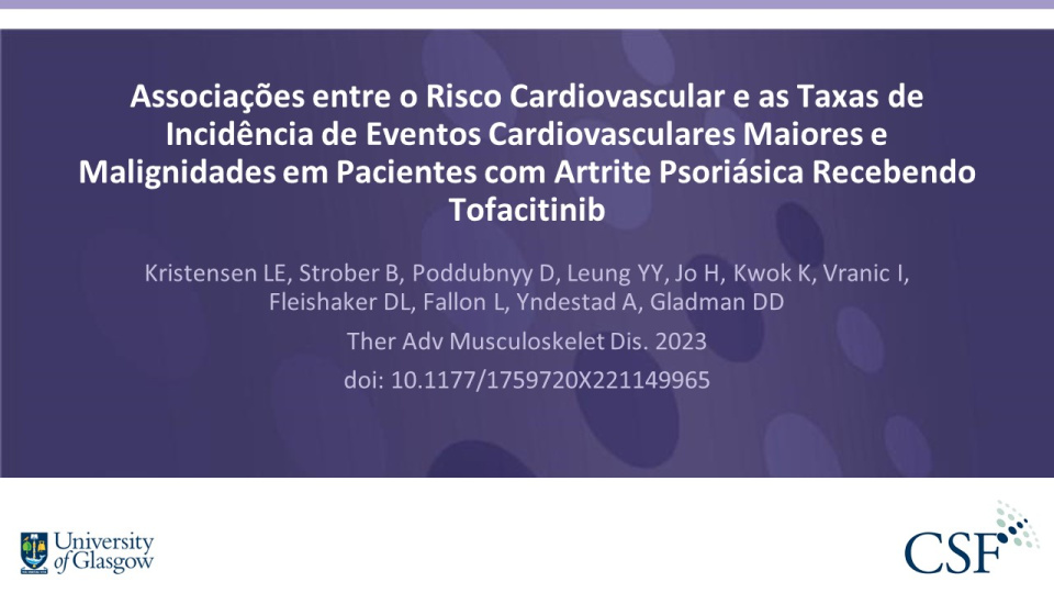 Publication thumbnail: Associações entre o Risco Cardiovascular e as Taxas de Incidência de Eventos Cardiovasculares Maiores e Malignidades em Pacientes com Artrite Psoriásica Recebendo Tofacitinib