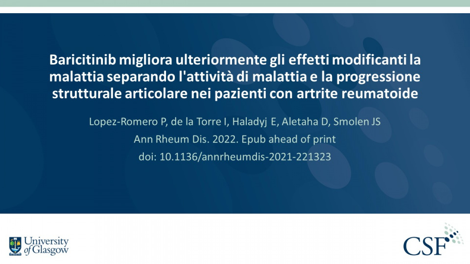 Publication thumbnail: Baricitinib migliora ulteriormente gli effetti modificanti la malattia separando l'attività di malattia e la progressione strutturale articolare nei pazienti con artrite reumatoide