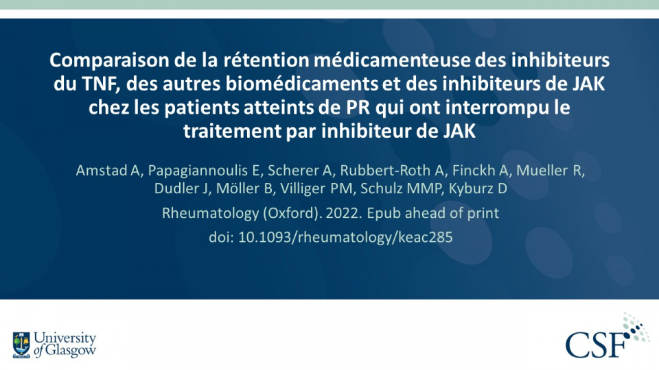 Publication thumbnail: Comparaison de la rétention médicamenteuse des inhibiteurs du TNF, des autres biomédicaments et des inhibiteurs de JAK chez les patients atteints de PR qui ont interrompu le traitement par inhibiteur de JAK