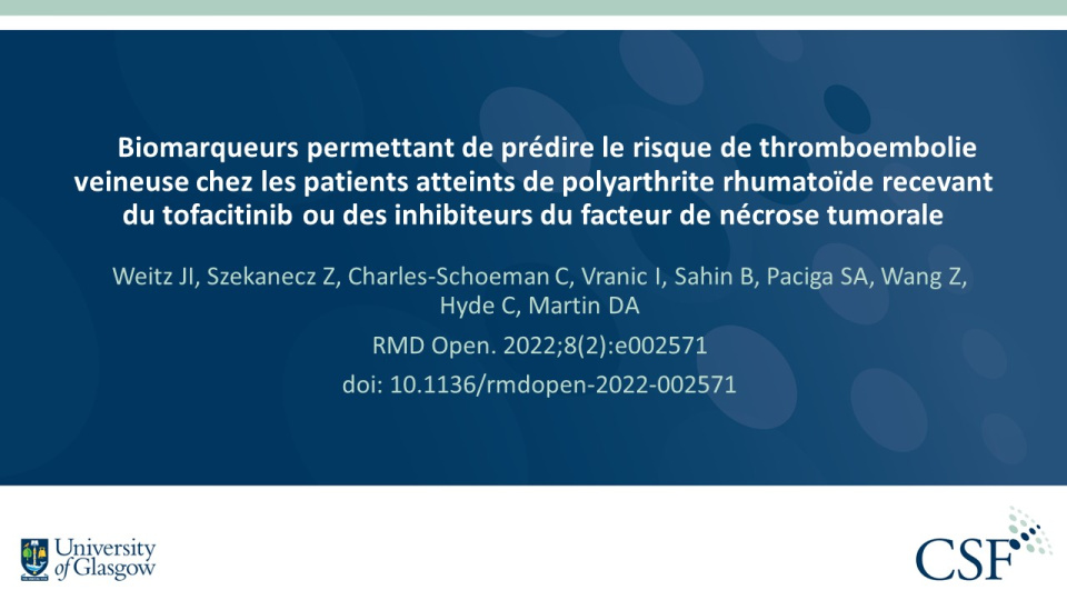 Publication thumbnail: Biomarqueurs permettant de prédire le risque de thromboembolie veineuse chez les patients atteints de polyarthrite rhumatoïde recevant du tofacitinib ou des inhibiteurs du facteur de nécrose tumorale