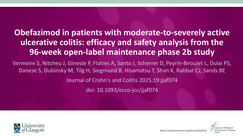 Publication thumbnail: Obefazimod in patients with moderate-to-severely active ulcerative colitis: efficacy and safety analysis from the 96-week open-label maintenance phase 2b study