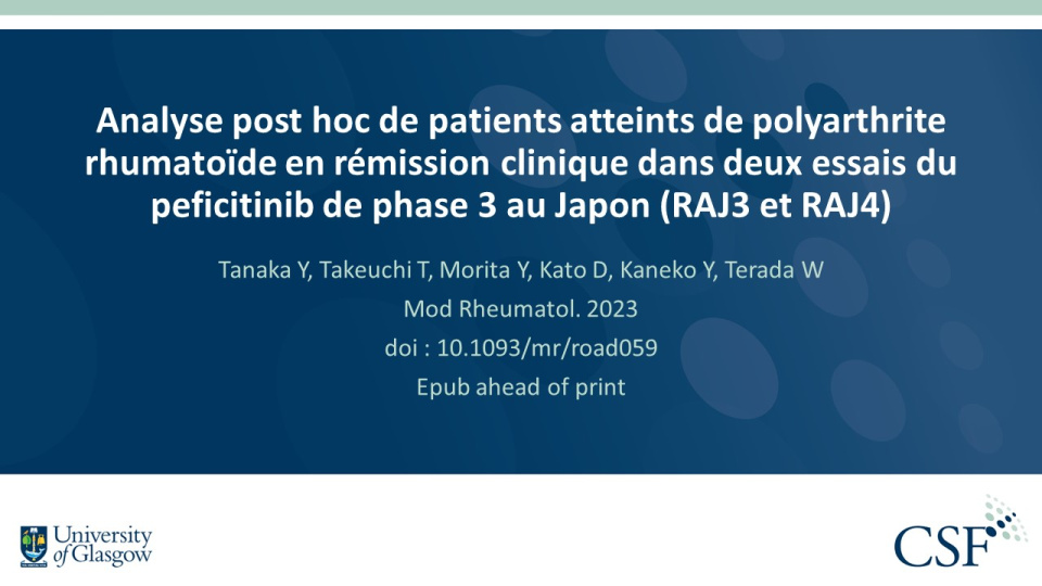 Publication thumbnail: Analyse post hoc de patients atteints de polyarthrite rhumatoïde en rémission clinique dans deux essais du peficitinib de phase 3 au Japon (RAJ3 et RAJ4)