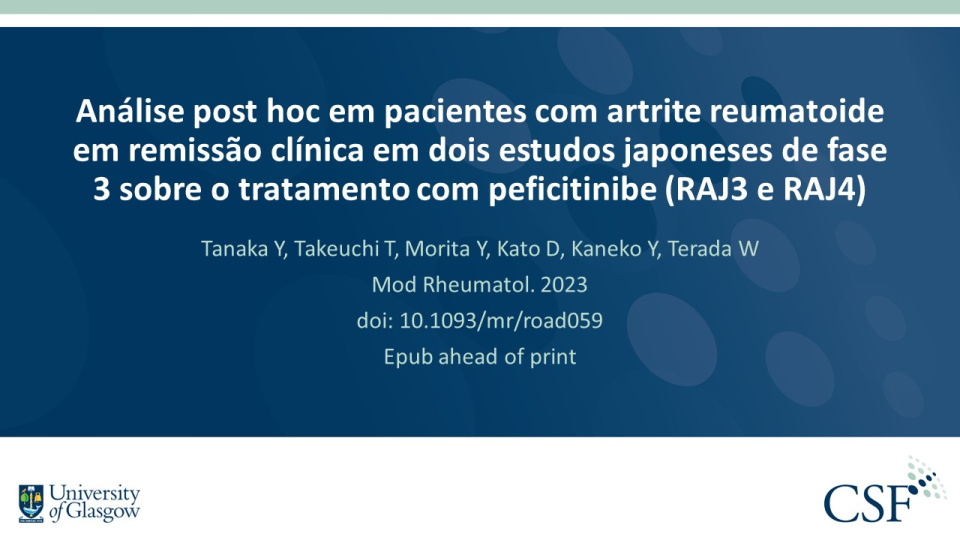 Publication thumbnail: Análise post hoc em pacientes com artrite reumatoide em remissão clínica em dois estudos japoneses de fase 3 sobre o tratamento com peficitinibe (RAJ3 e RAJ4)