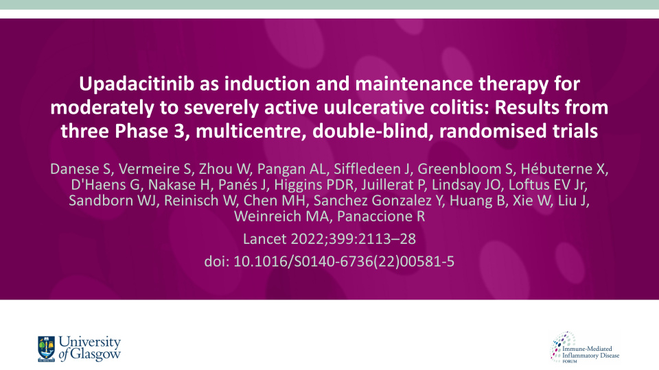Publication thumbnail: Upadacitinib as induction and maintenance therapy for moderately to severely active ulcerative colitis: Results from three Phase 3, multicentre, double-blind, randomised trials