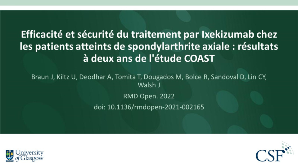 Publication thumbnail: Efficacité et sécurité du traitement par Ixekizumab chez les patients atteints de spondylarthrite axiale : résultats à deux ans de l'étude COAST