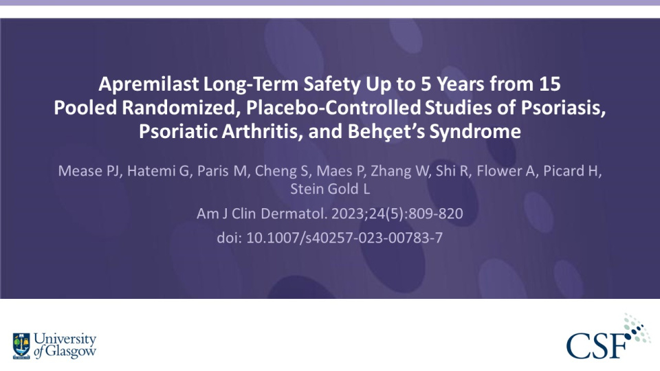 Publication thumbnail: Apremilast Long‑Term Safety Up to 5 Years from 15 Pooled Randomized, placebo‑Controlled Studies of Psoriasis, Psoriatic Arthritis, and Behçet’s Syndrome