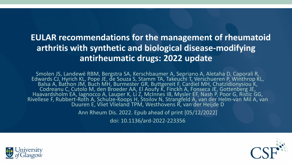 Publication thumbnail: EULAR recommendations for the management of rheumatoid arthritis with synthetic and biological disease-modifying antirheumatic drugs: 2022 update