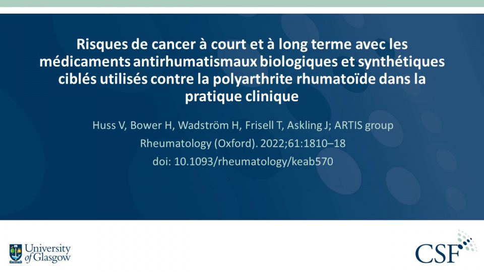 Publication thumbnail: Risques de cancer à court et à long terme avec les médicaments antirhumatismaux biologiques et synthétiques ciblés utilisés contre la polyarthrite rhumatoïde dans la pratique clinique