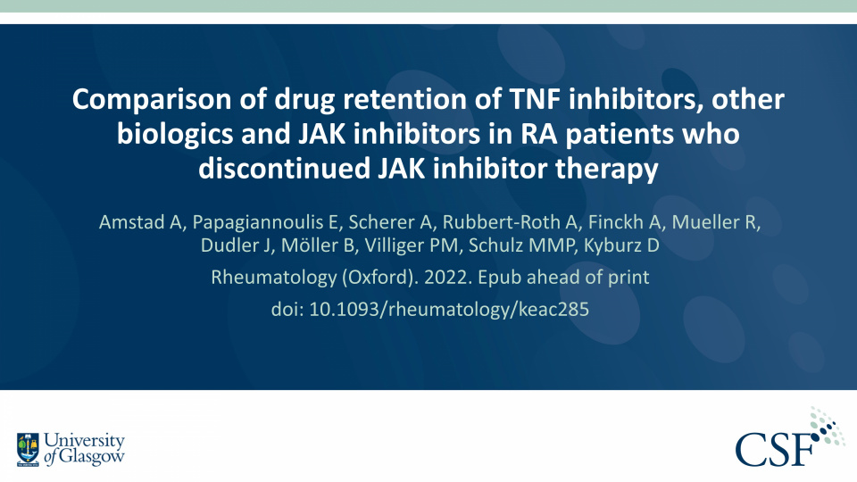 Publication thumbnail: Comparison of drug retention of TNF inhibitors, other biologics and JAK inhibitors in RA patients who discontinued JAK inhibitor therapy