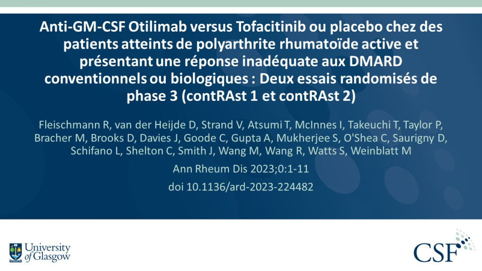 Publication thumbnail: Anti-GM-CSF Otilimab versus Tofacitinib ou placebo chez des patients atteints de polyarthrite rhumatoïde active et présentant une réponse inadéquate aux DMARD conventionnels ou biologiques : Deux essais randomisés de phase 3 (contRAst 1 et contRAst 2)