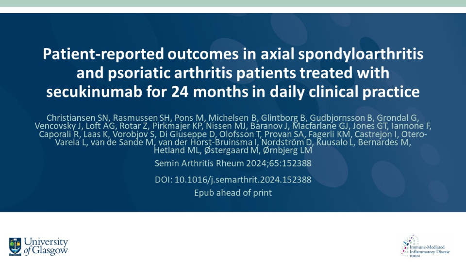 Publication thumbnail: Patient-reported outcomes in axial spondyloarthritis and psoriatic arthritis patients treated with secukinumab for 24 months in daily clinical practice