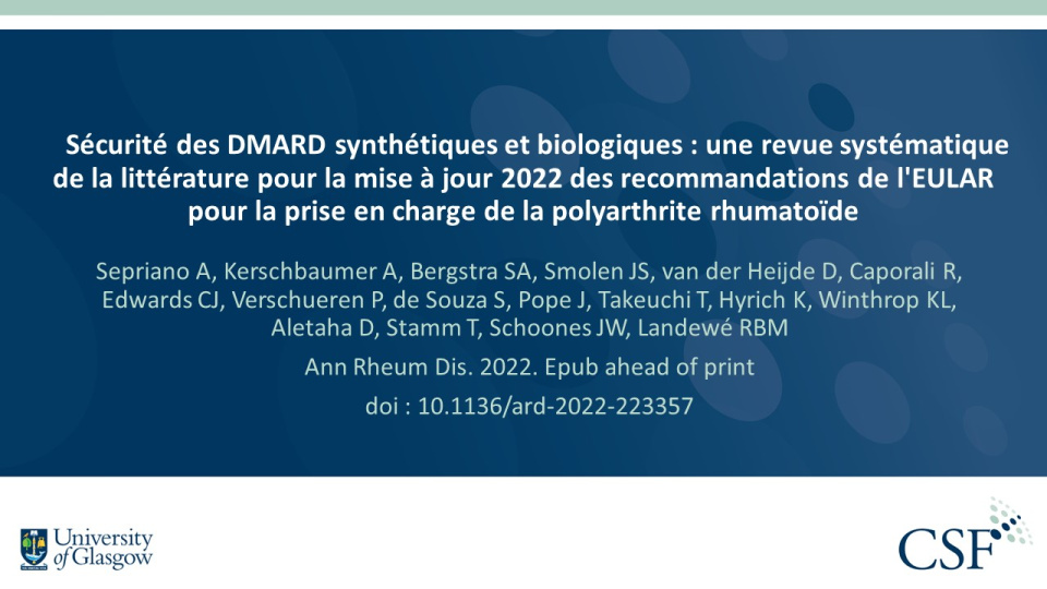 Publication thumbnail: Sécurité des DMARD synthétiques et biologiques : une revue systématique de la littérature pour la mise à jour 2022 des recommandations de l'EULAR pour la prise en charge de la polyarthrite rhumatoïde