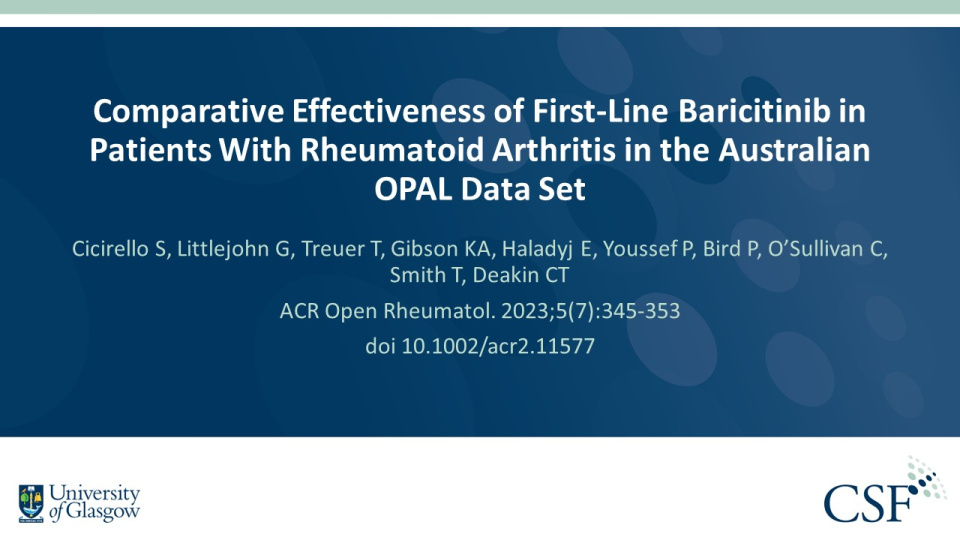 Publication thumbnail: Efficacité comparative du baricitinib en première intention chez les patients atteints de polyarthrite rhumatoïde dans l'ensemble de données australien OPAL