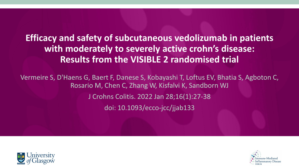 Publication thumbnail: Efficacy and safety of subcutaneous vedolizumab in patients with moderately to severely active crohn’s disease:  Results from the VISIBLE 2 randomised trial