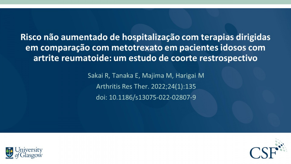 Publication thumbnail: Risco não aumentado de hospitalização com terapias dirigidas em comparação com metotrexato em pacientes idosos com artrite reumatoide: um estudo de coorte restrospectivo