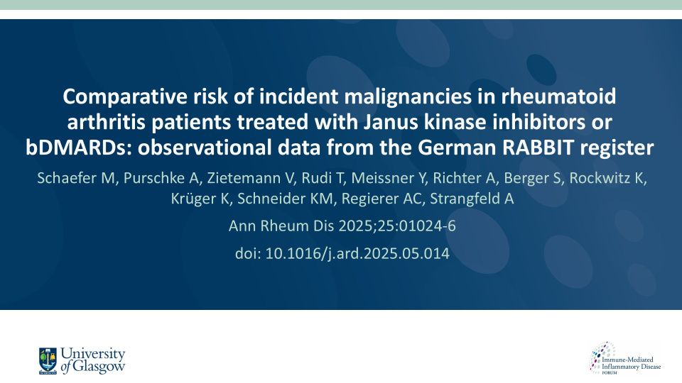 Publication thumbnail: Comparative risk of incident malignancies in rheumatoid arthritis patients treated with janus kinase inhibitors or bDMARDs: observational data from the German RABBIT register