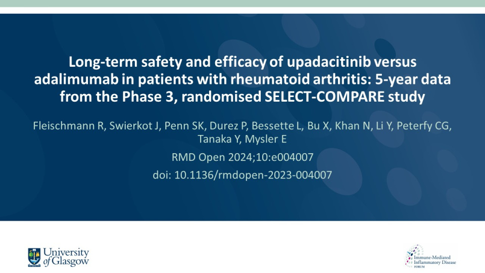 Publication thumbnail: Long-term safety and efficacy of upadacitinib versus adalimumab in patients with rheumatoid arthritis: 5-year data from the Phase 3, randomised SELECT-COMPARE study