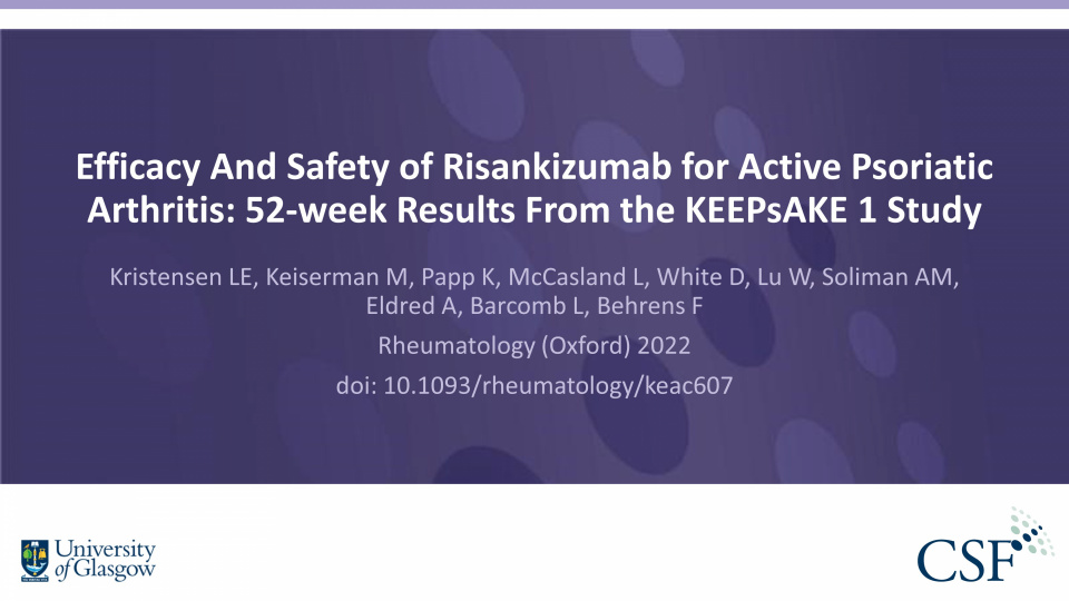 Publication thumbnail: Efficacy And Safety of Risankizumab for Active Psoriatic Arthritis: 52-Week Results from the Keepsake 1 Study