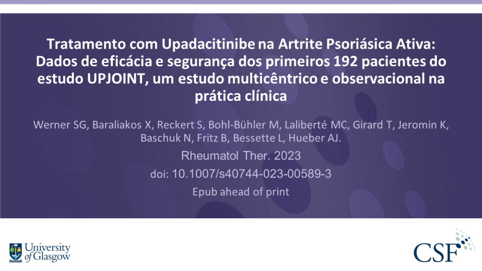 Publication thumbnail: Tratamento com Upadacitinibe na Artrite Psoriásica Ativa: Dados de eficácia e segurança dos primeiros 192 pacientes do estudo UPJOINT, um estudo multicêntrico e observacional na prática clínica