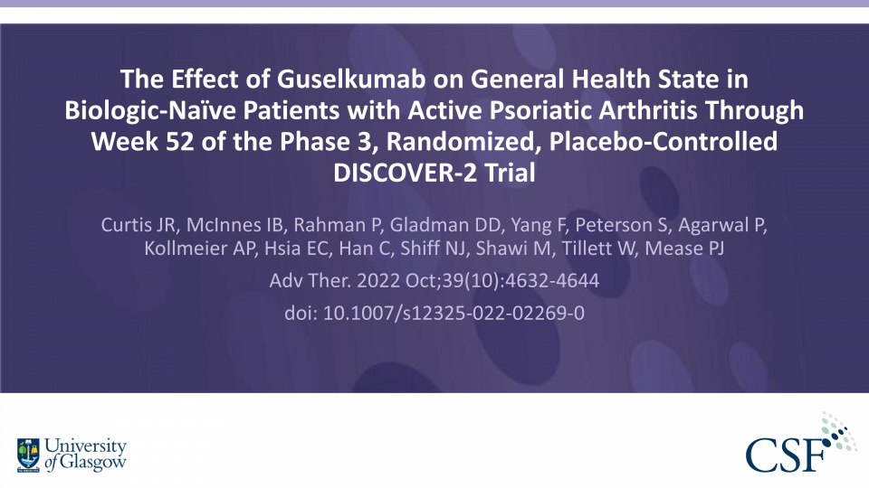 Publication thumbnail: The Effect of Guselkumab on General Health State in Biologic-Naïve Patients with Active Psoriatic Arthritis Through Week 52 of the Phase 3, Randomized, Placebo-Controlled DISCOVER-2 Trial