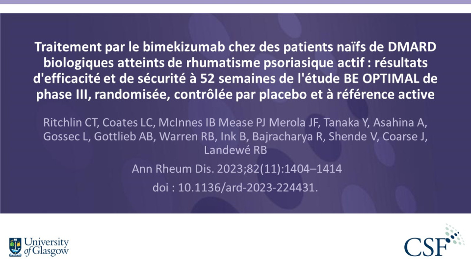 Publication thumbnail: Traitement par le bimekizumab chez des patients naïfs de DMARD biologiques atteints de rhumatisme psoriasique actif : résultats d'efficacité et de sécurité à 52 semaines de l'étude BE OPTIMAL de phase III, randomisée, contrôlée par placebo et à référence active