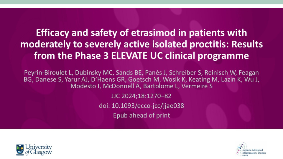 Publication thumbnail: Efficacy and safety of etrasimod in patients with moderately to severely active isolated proctitis: Results from the Phase 3 ELEVATE UC clinical programme