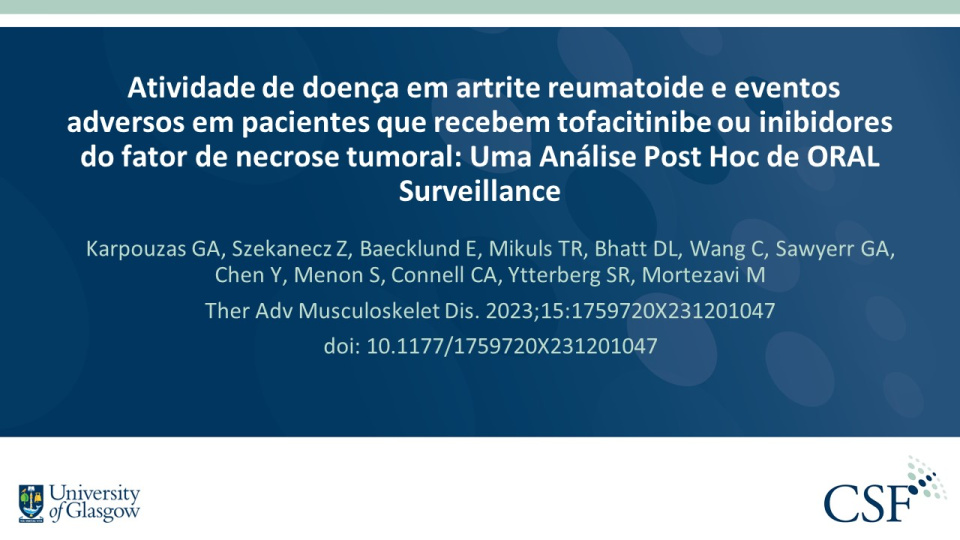 Publication thumbnail: Atividade de doença em artrite reumatoide e eventos adversos em pacientes que recebem tofacitinibe ou inibidores do fator de necrose tumoral: Uma Análise Post Hoc de ORAL Surveillance