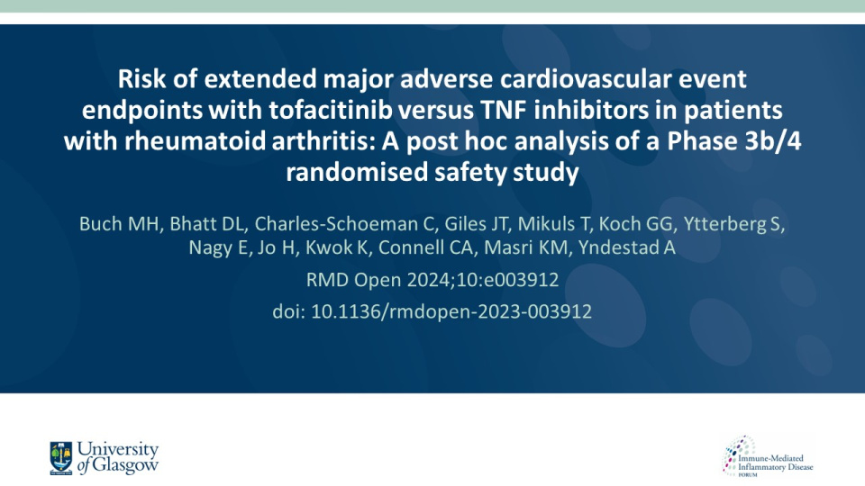 Publication thumbnail: Risk of extended major adverse cardiovascular event endpoints with tofacitinib versus TNF inhibitors in patients with rheumatoid arthritis: A post hoc analysis of a Phase 3b/4 randomised safety study