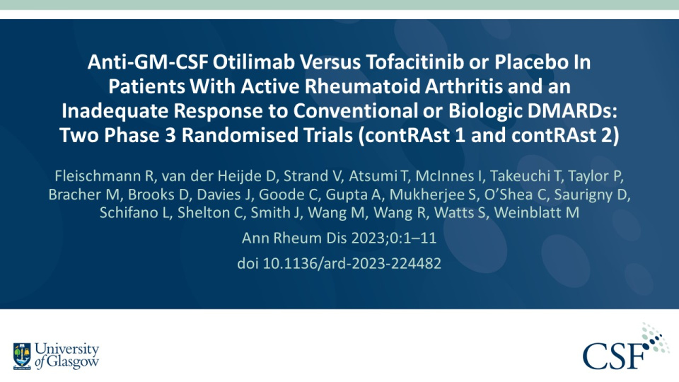 Publication thumbnail: Anti-GM-CSF Otilimab Versus Tofacitinib or Placebo in Patients With Active Rheumatoid Arthritis and an Inadequate Response to Conventional or Biologic DMARDs: Two Phase 3 Randomised Trials (contRAst 1 and contRAst 2)