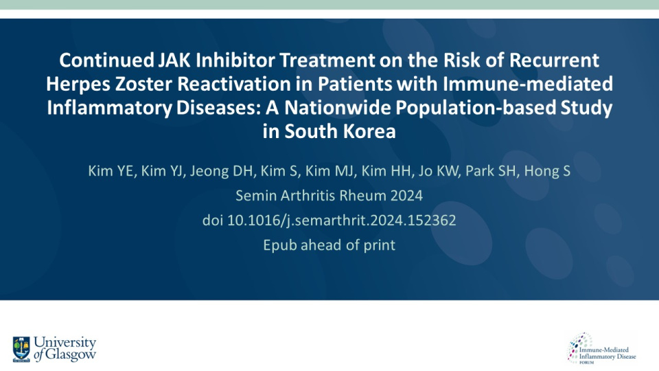 Publication thumbnail: Continued JAK Inhibitor Treatment on the Risk of Recurrent Herpes Zoster Reactivation in Patients with Immune-mediated Inflammatory Diseases: A Nationwide Population-based Study in South Korea