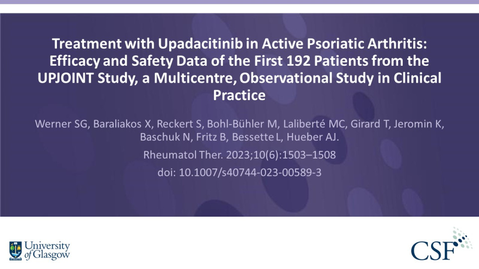 Publication thumbnail: Treatment with Upadacitinib in Active Psoriatic Arthritis: Efficacy and Safety Data of the First 192 Patients from the UPJOINT Study, a Multicentre, Observational Study in Clinical Practice