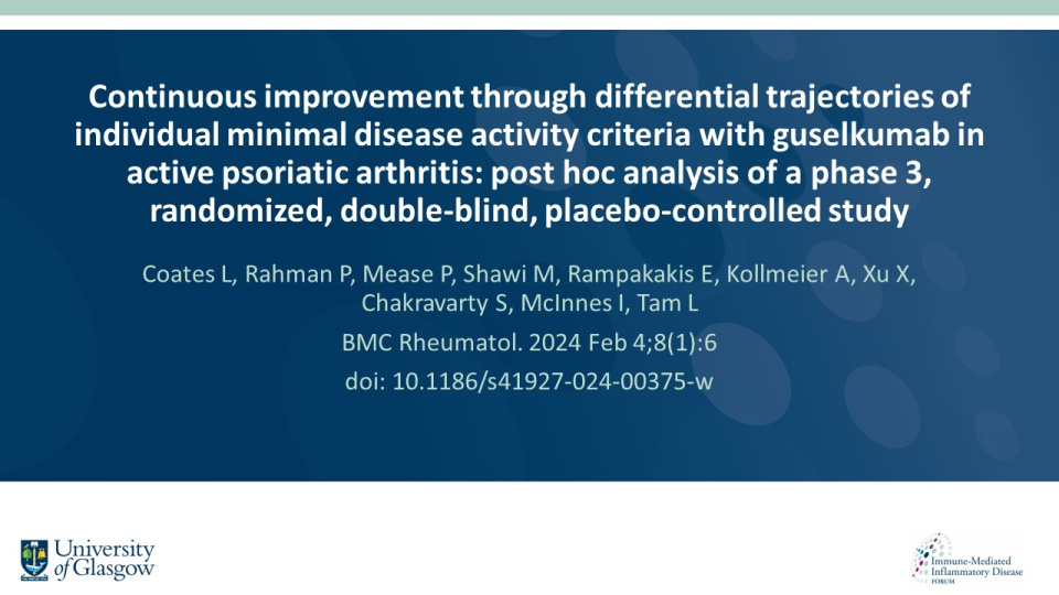 Publication thumbnail: Continuous improvement through differential trajectories of individual minimal disease activity criteria with guselkumab in active psoriatic arthritis: post hoc analysis of a phase 3, randomized, double-blind, placebo-controlled study