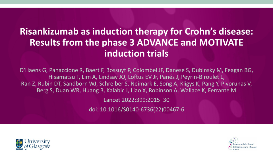 Publication thumbnail: Risankizumab as induction therapy for Crohn’s disease: Results from the phase 3 ADVANCE and MOTIVATE induction trials