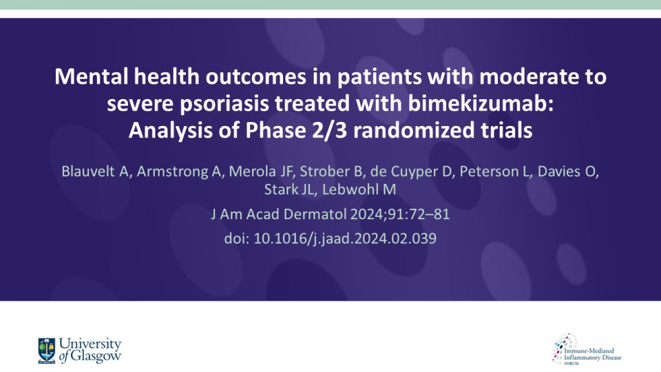 Publication thumbnail: Mental health outcomes in patients with moderate to severe psoriasis treated with bimekizumab: Analysis of Phase 2/3 randomized trials