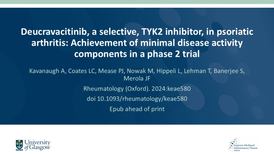 Publication thumbnail: Deucravacitinib, a selective, TYK2 inhibitor, in psoriatic arthritis: Achievement of minimal disease activity components in  a phase 2 trial