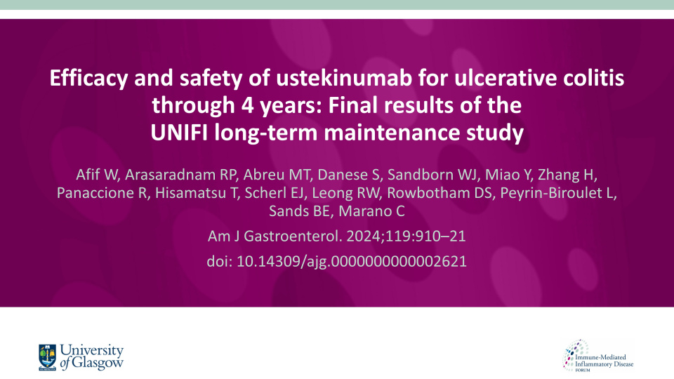 Publication thumbnail: Efficacy and safety of ustekinumab for ulcerative colitis through 4 years: Final results of the UNIFI long-term maintenance study