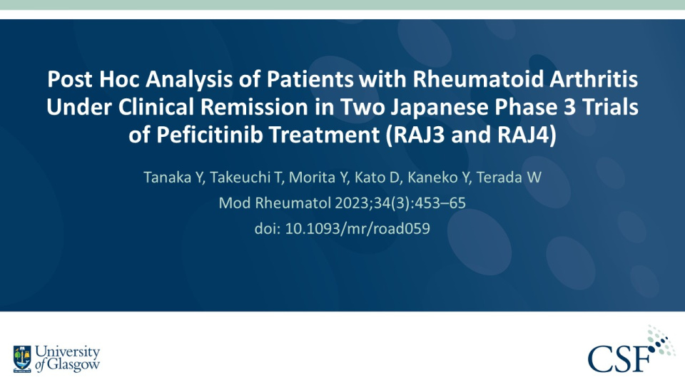 Publication thumbnail: Post Hoc Analysis of Patients with Rheumatoid Arthritis Under Clinical Remission in Two Japanese Phase 3 Trials of Peficitinib Treatment (RAJ3 and RAJ4)