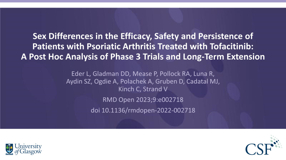 Publication thumbnail: Sex Differences in the Efficacy, Safety and Persistence of Patients with Psoriatic Arthritis Treated with Tofacitinib:  A Post Hoc Analysis of Phase 3 Trials and Long-Term Extension