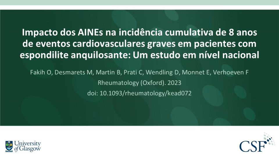 Publication thumbnail: Impacto dos AINEs na incidência cumulativa de 8 anos de eventos cardiovasculares graves em pacientes com espondilite anquilosante: Um estudo em nível nacional