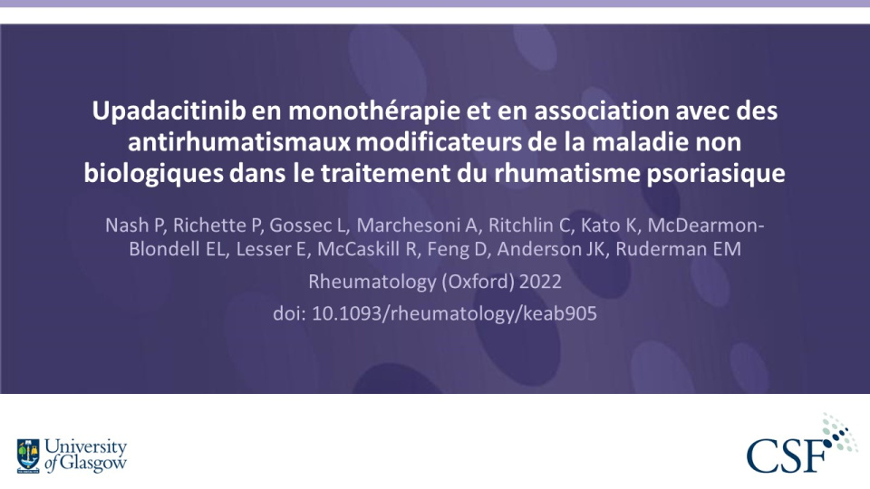 Publication thumbnail: Upadacitinib en monothérapie et en association avec des antirhumatismaux modificateurs de la maladie non biologiques dans le traitement du rhumatisme psoriasique