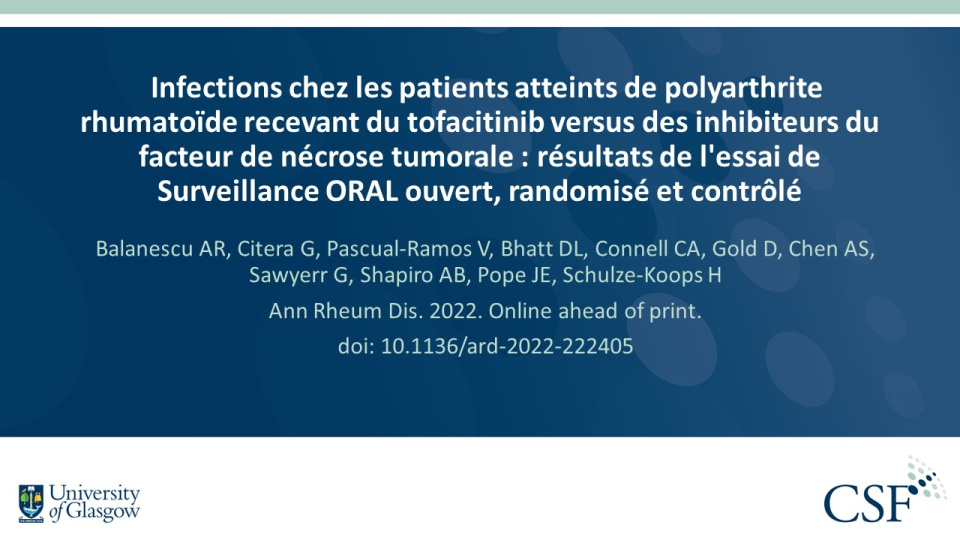 Publication thumbnail: Infections chez les patients atteints de polyarthrite rhumatoïde recevant du tofacitinib versus des inhibiteurs du facteur de nécrose tumorale : résultats de l'essai de Surveillance ORAL ouvert, randomisé et contrôlé