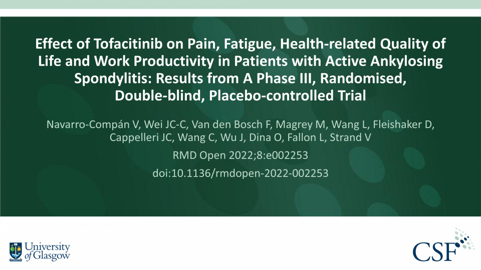 Publication thumbnail: Effect of Tofacitinib on Pain, Fatigue, Health-related Quality of Life and Work Productivity in Patients with Active Ankylosing Spondylitis: Results from A Phase III, Randomised, Double-blind, Placebo-controlled Trial