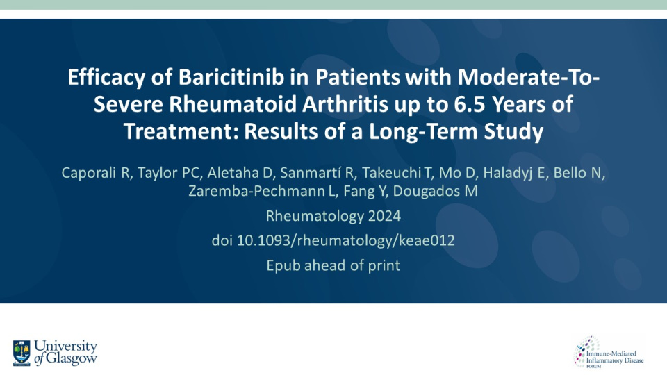 Publication thumbnail: Efficacy of Baricitinib in Patients with Moderate-To-Severe Rheumatoid Arthritis up to 6.5 Years of Treatment: Results of a Long-Term Study