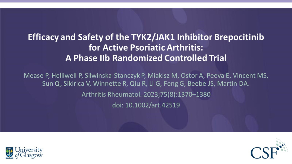 Publication thumbnail: Efficacy and Safety of the TYK2/JAK1 Inhibitor Brepocitinib for Active Psoriatic Arthritis:  A Phase IIb Randomized Controlled Trial