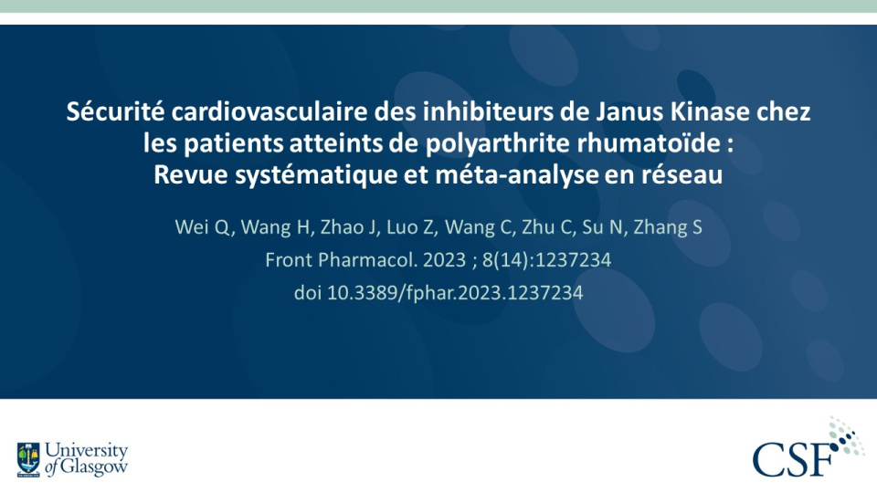 Publication thumbnail: Sécurité cardiovasculaire des inhibiteurs de Janus Kinase chez les patients atteints de polyarthrite rhumatoïde : Revue systématique et méta-analyse en réseau