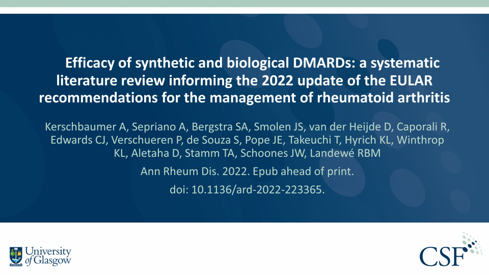 Publication thumbnail: Efficacy of synthetic and biological DMARDs: a systematic literature review informing the 2022 update of the EULAR recommendations for the management of rheumatoid arthritis